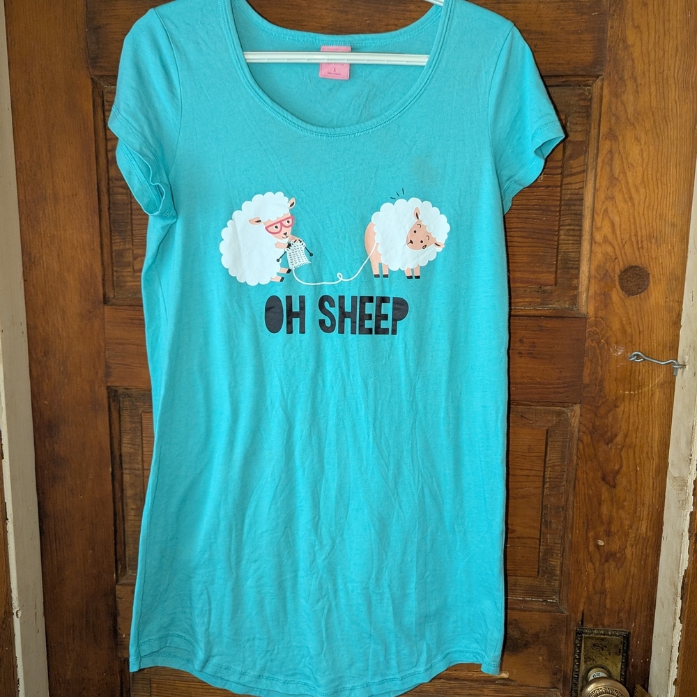Jenni by Jennifer Moore‎ Oh Sheep Knitting Graphic Sleep Shirt Aqua Blue Small